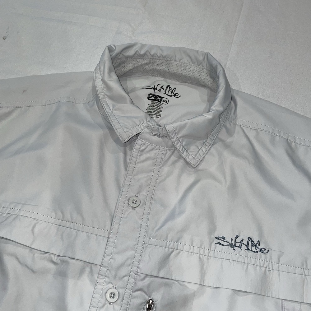 Salt Life SLX Fishing Shirt Mens XXL Gray Long Sleeve‎ Ventilated Button Up Logo